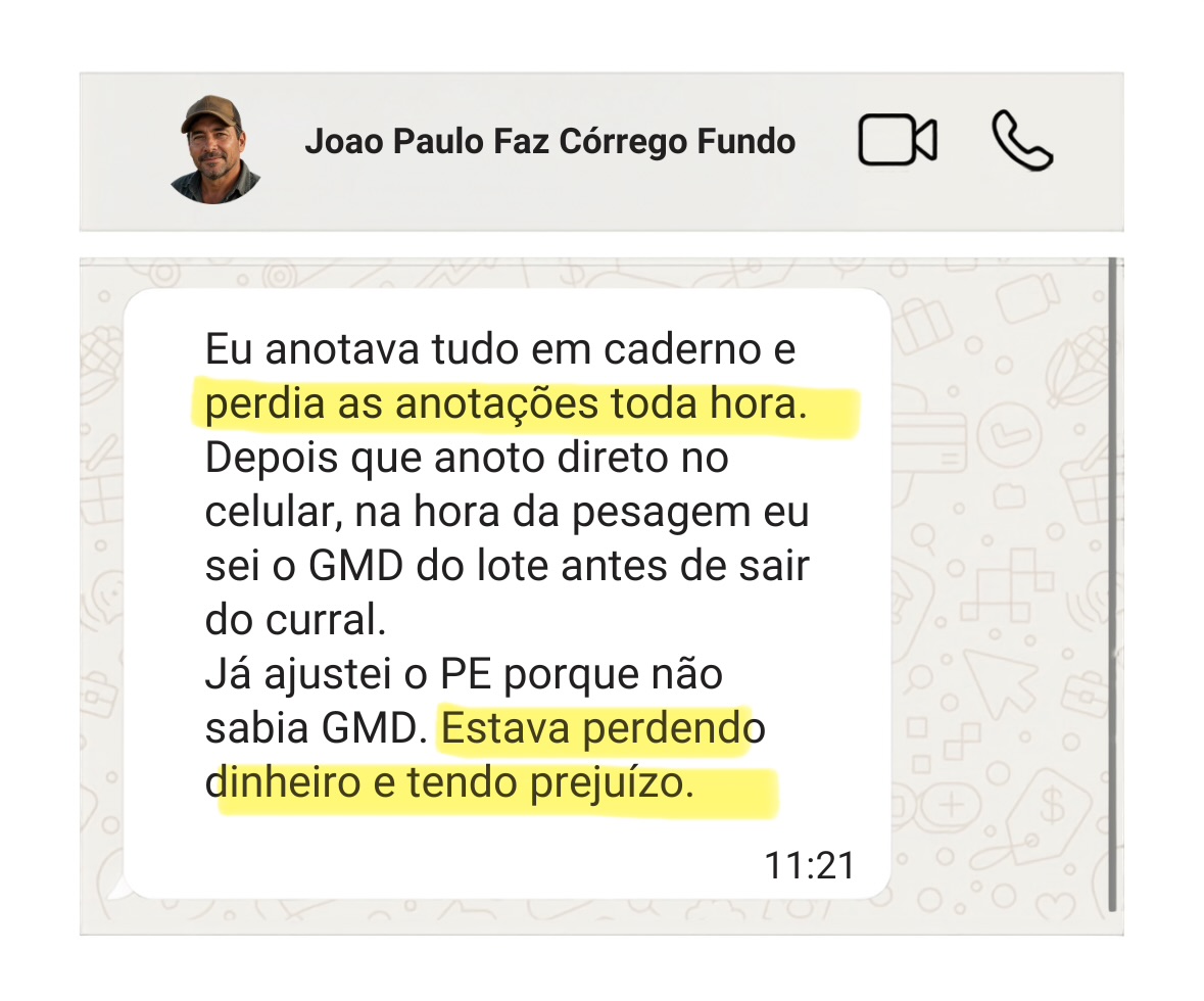 Produtor conta que anotava em caderno e perdia as anotacoes, e que agora sabe o GMD do lote antes de sair do curral